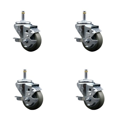 Service Caster 3'' Gray Poly Swivel 7/16'' Grip Ring Stem Caster Set with Brake, 4PK SCC-GR20S314-PPUB-TLB-716138-4